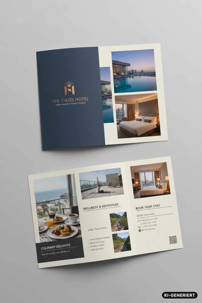 KI-generiert: Ein ausgeklappter Hotel-Flyer mit Fotos von Zimmern, einem Infinity-Pool, Yoga auf dem Dach und kulinarischen Angeboten.