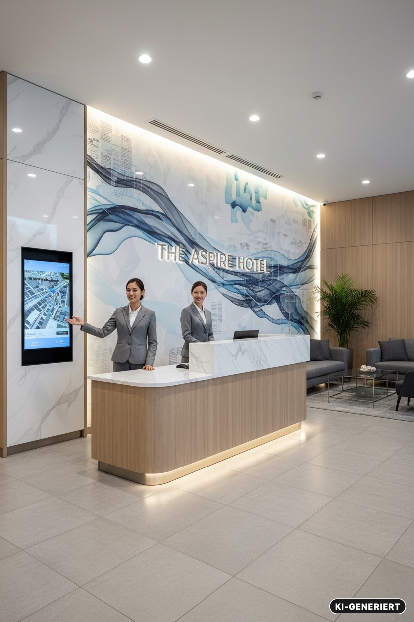 KI-generiert: Zwei freundliche Hotelmitarbeiterinnen stehen hinter einem modernen Empfangstresen in einer hellen Hotellobby.